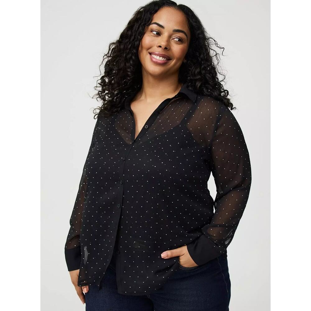 Torrid Plus Size Rhinestone Button-Up Tunic Shirt Black 1X 14/16 NWT